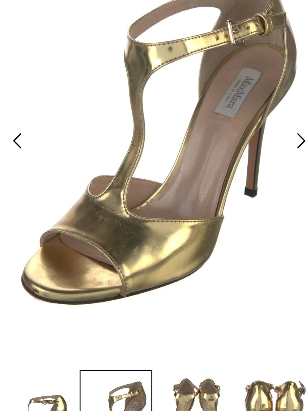 MaxMara Gold Metallic T-Strap High Heel Sandals